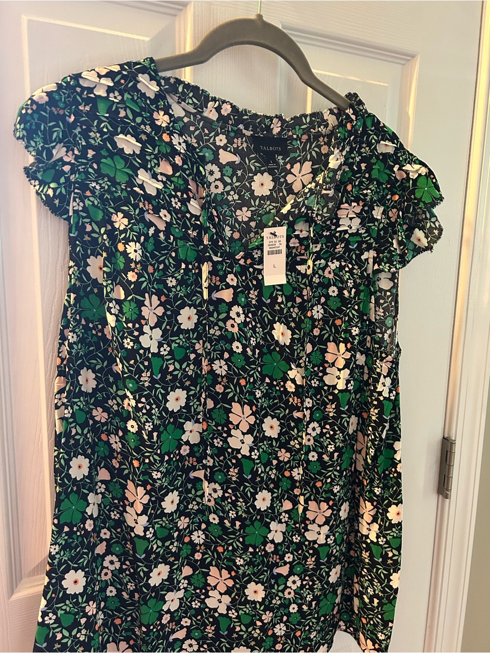 Talbots Black Floral Ruffle-Sleeve Blouse with Green and Pink Accents
